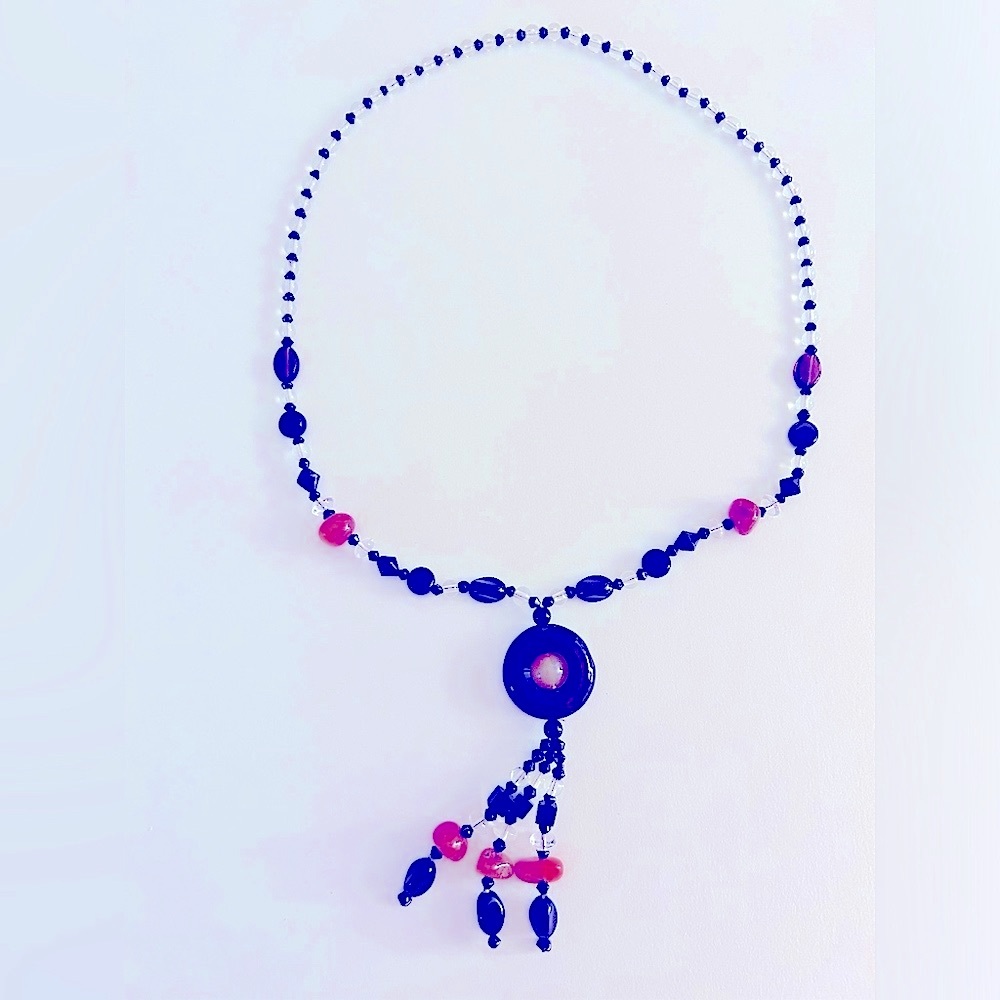 Necklace artisan  Red Carnelian, Black, Clear, 4” tassel & beads 24”